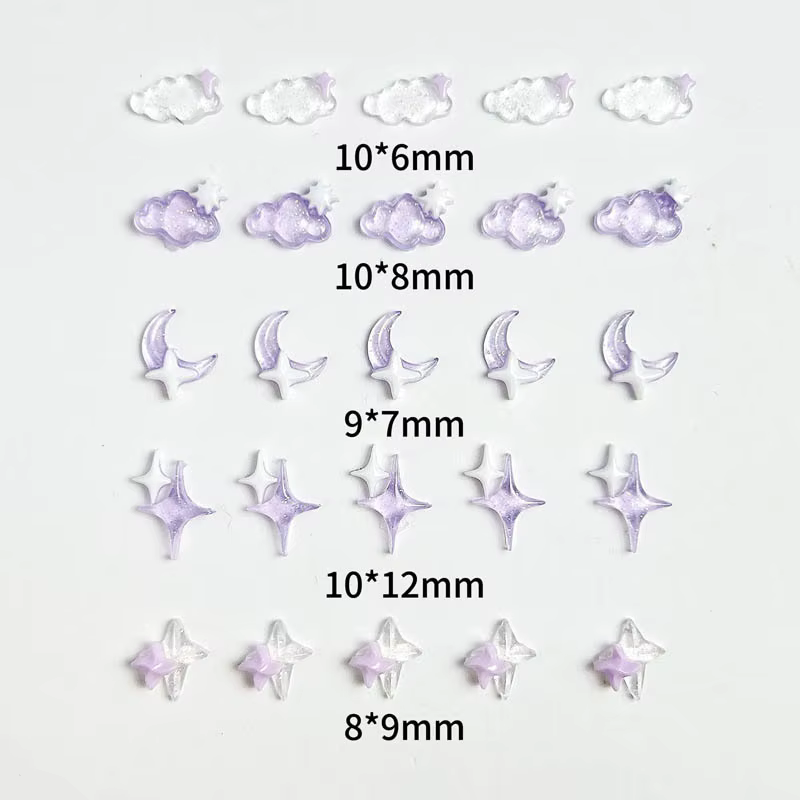 Breloques en résine transparente pour Nail Art, lune, nuage, blanc, violet, étoile à quatre branches