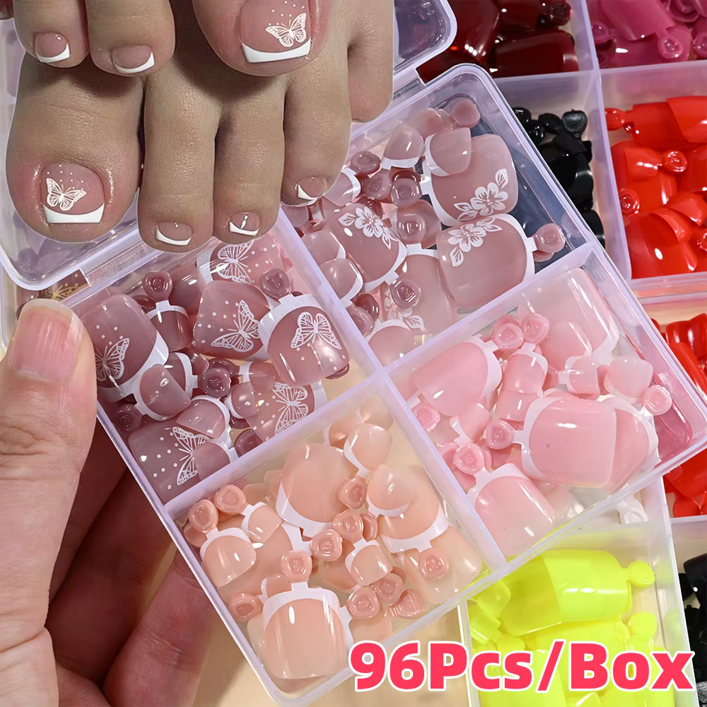 96 pièces/boîte faux ongles français papillon/fleur Design court carré presse sur l'ongle brillant c
