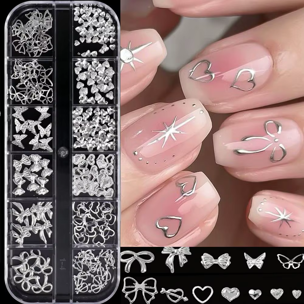 12 grilles de breloques et clous à ongles 3D argentés, motifs cœur, nœud, papillon, étoile, lune, st