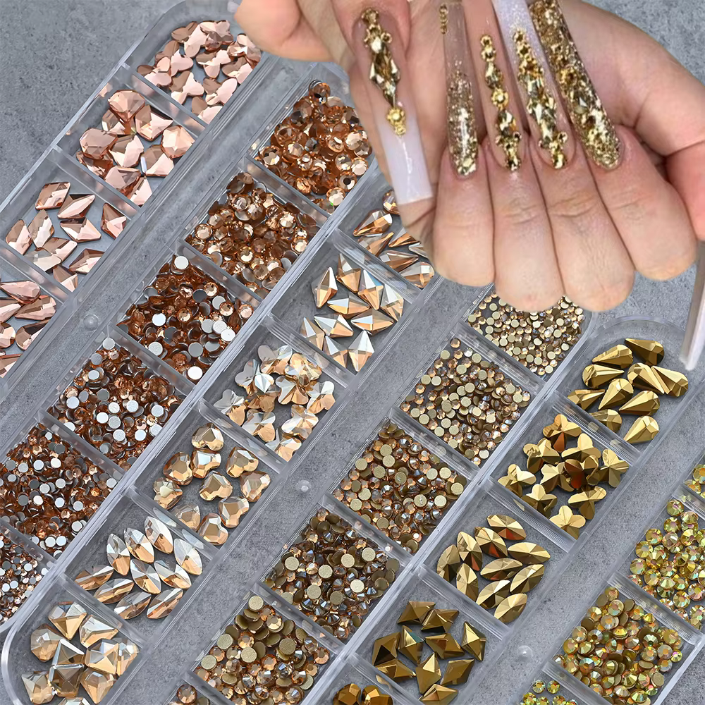 Strass 3D or/Champagne pour Nail Art, 12 grilles, formes mixtes, diamants en verre à dos plat, brelo
