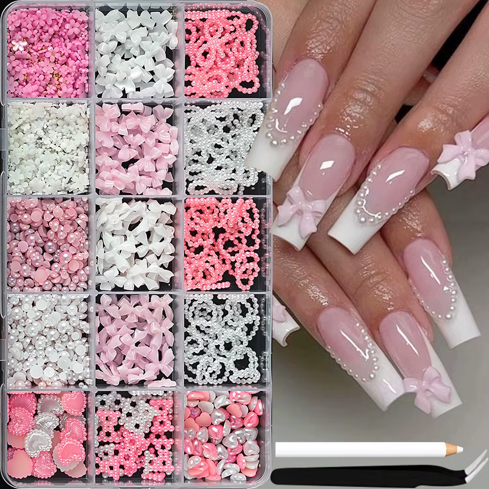 1 boîte rose blanc série arc coeur breloques pour ongles 3D acrylique Nail Art décorations perle 5 p