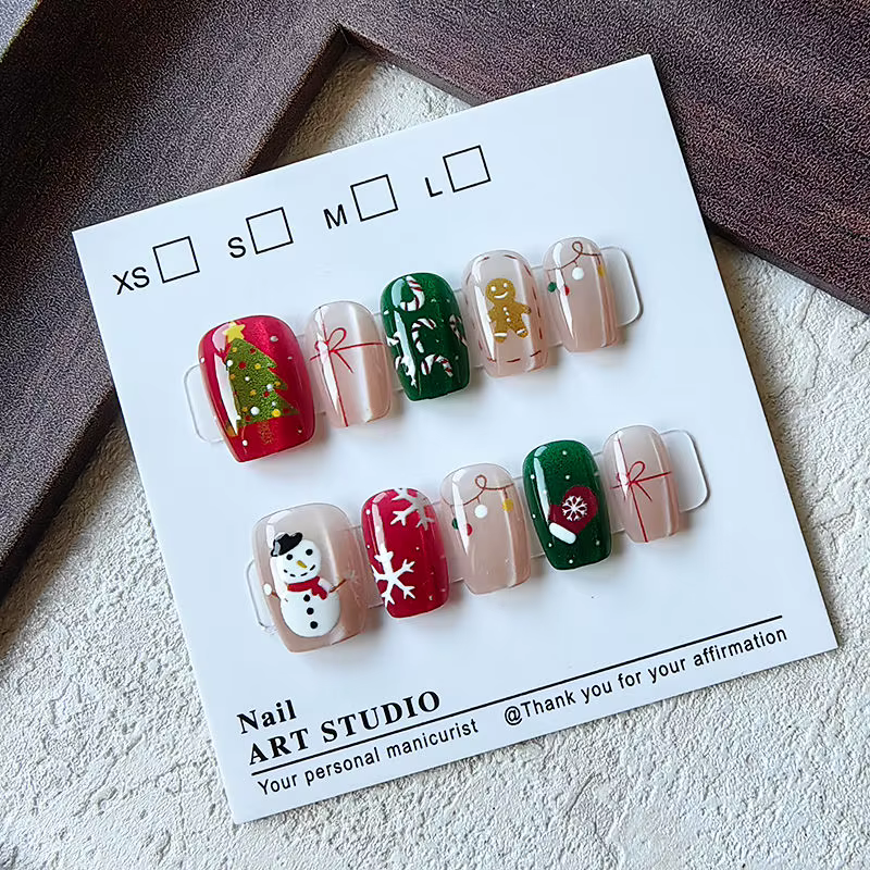 10 pièces noël demi à la main presse sur ongles douce fille arbre de noël et ours flocon de neige mi