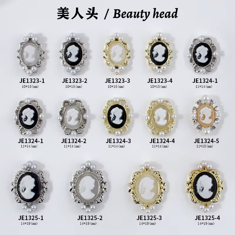 10 pièces rétro Baroque Gril Nail Art charme 3D gaufrage noir blanc fille tête décoration d'ongle or