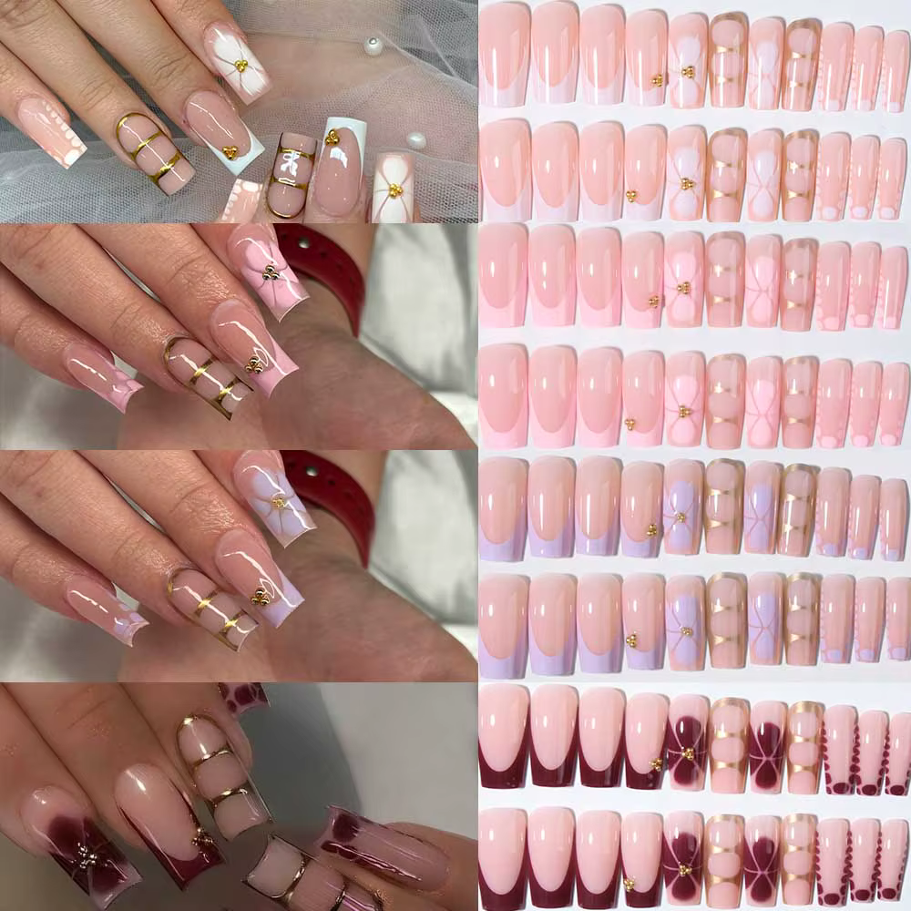 96 pièces (4 mélangées) Gelnail tridimensionnel 3D fait des ongles de fleurs avec fausse perle décor