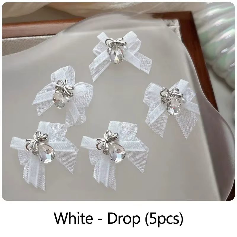 5 pièces 3D Organza arc Nail Art strass accessoires blanc rose arc carré goutte d'eau diamant Nail A