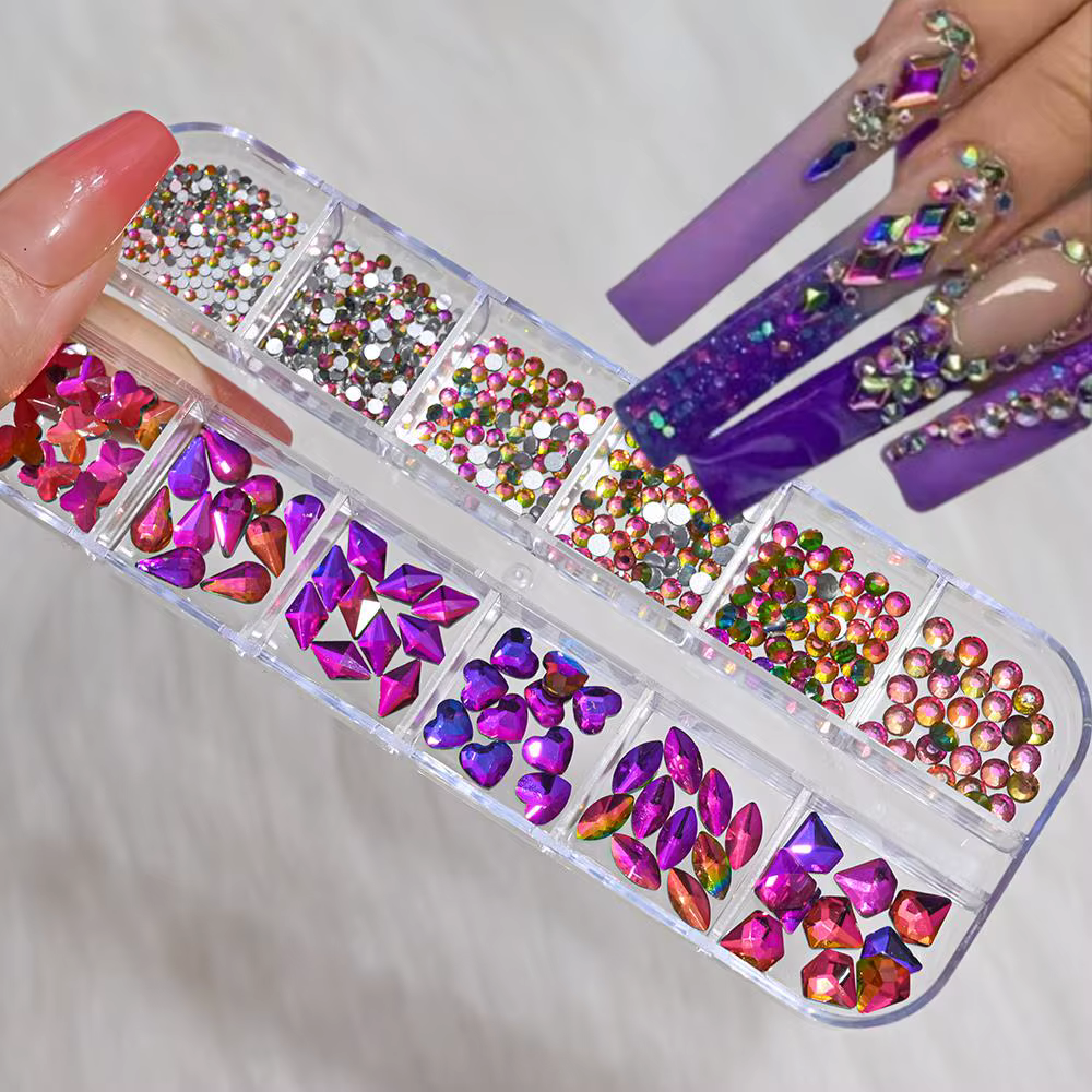 12 grilles 3D rouge Nail Art strass mixte coeur/papillon/rond/goutte verre diamants bricolage manucu