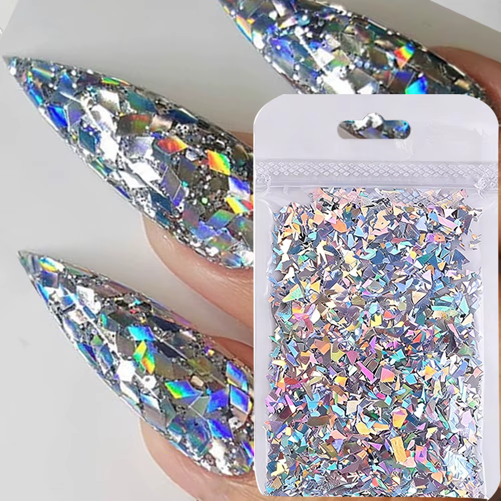 Paillettes holographiques argentées irrégulières pour ongles, paillettes argentées brisées scintilla