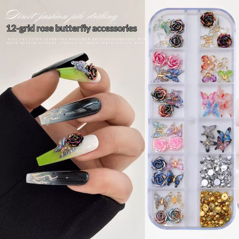 Breloques pour ongles 12 compartiments, combinaison de motifs papillons irisés colorés et roses de l