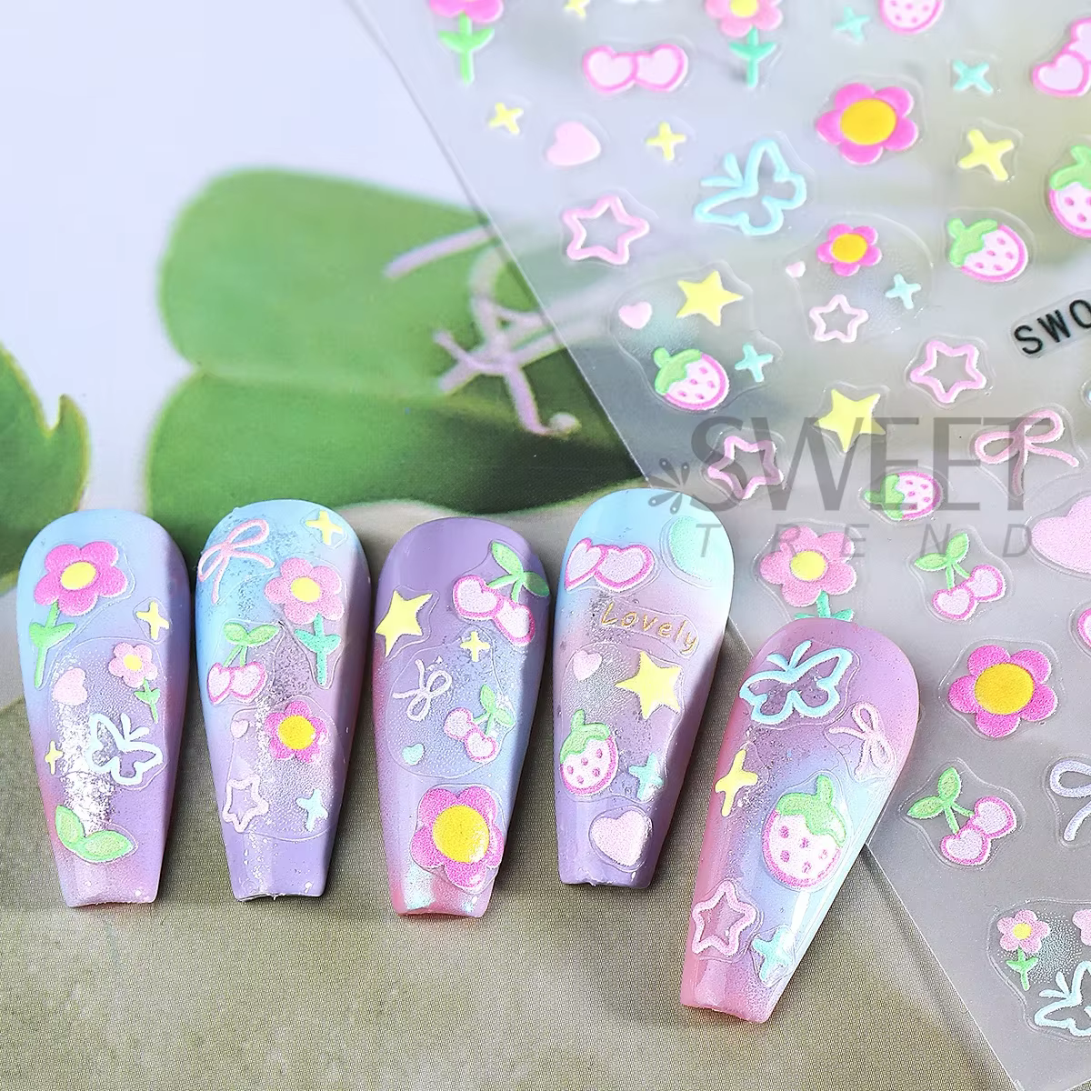 Autocollants pour Nail Art, 2 pièces, élément doux, fleur Simple, cœur, cerise, fraise, décalcomanie