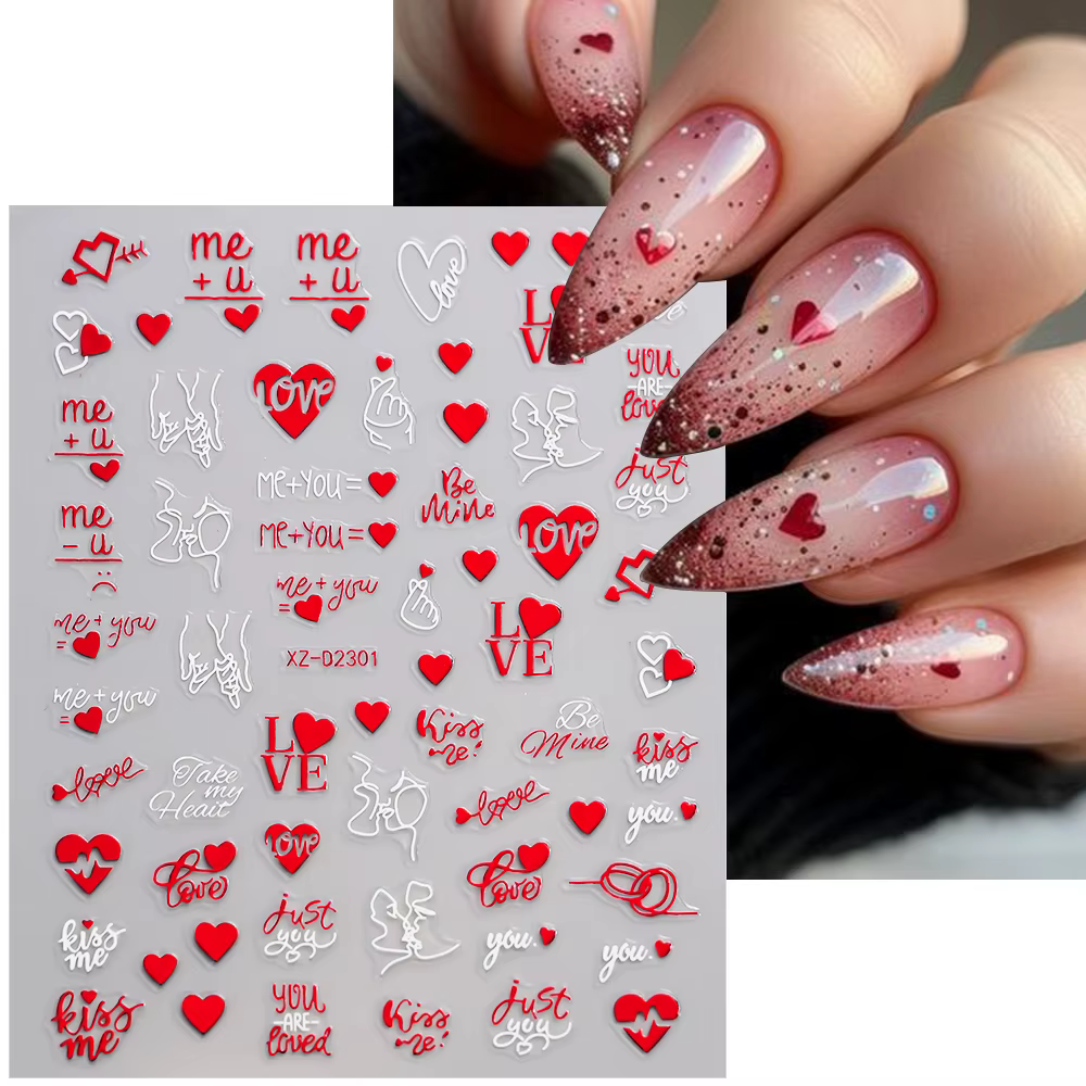 Ensemble d'autocollants pour ongles en forme de cœur rouge, saint-valentin, baiser 3D, lèvres rouges