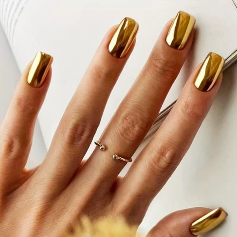 Presse dorée sur les ongles en métal chromé faux ongles courts carrés faux ongles presse sur miroir 