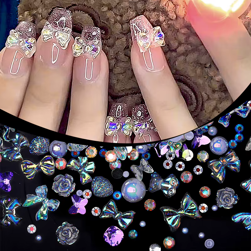 Mélange de ruban transparent en gelée colorée, 1 sac, breloques pour ongles, cœur, perles, fleur, pi