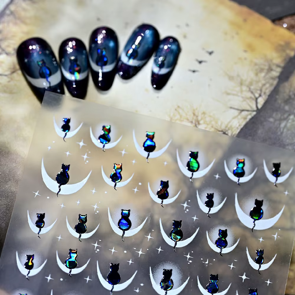 Autocollants pour ongles français chat noir dessin animé 5D, 1 pièce, décalcomanies pour ongles Kawa