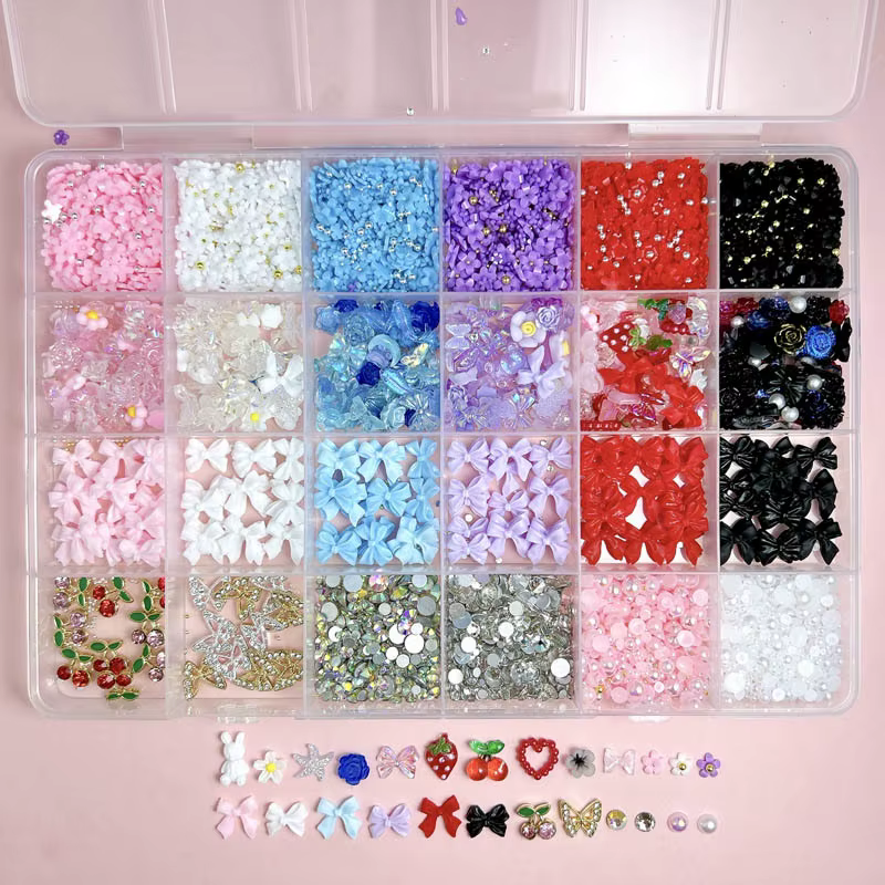 Ensemble de breloques pour Nail Art, bricolage, avec rubans, nœuds, fleurs, cerise, fraise et papill
