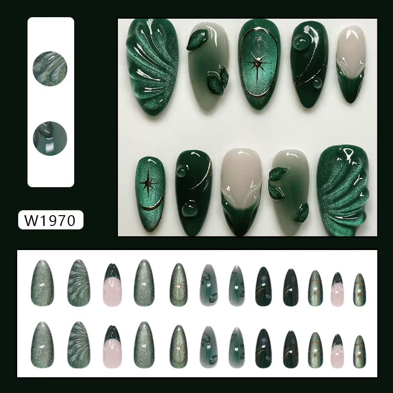 Faux ongles à presser Amande Vert foncé Effet œil de chat 3D Motif feuille ondulée French Manucure f