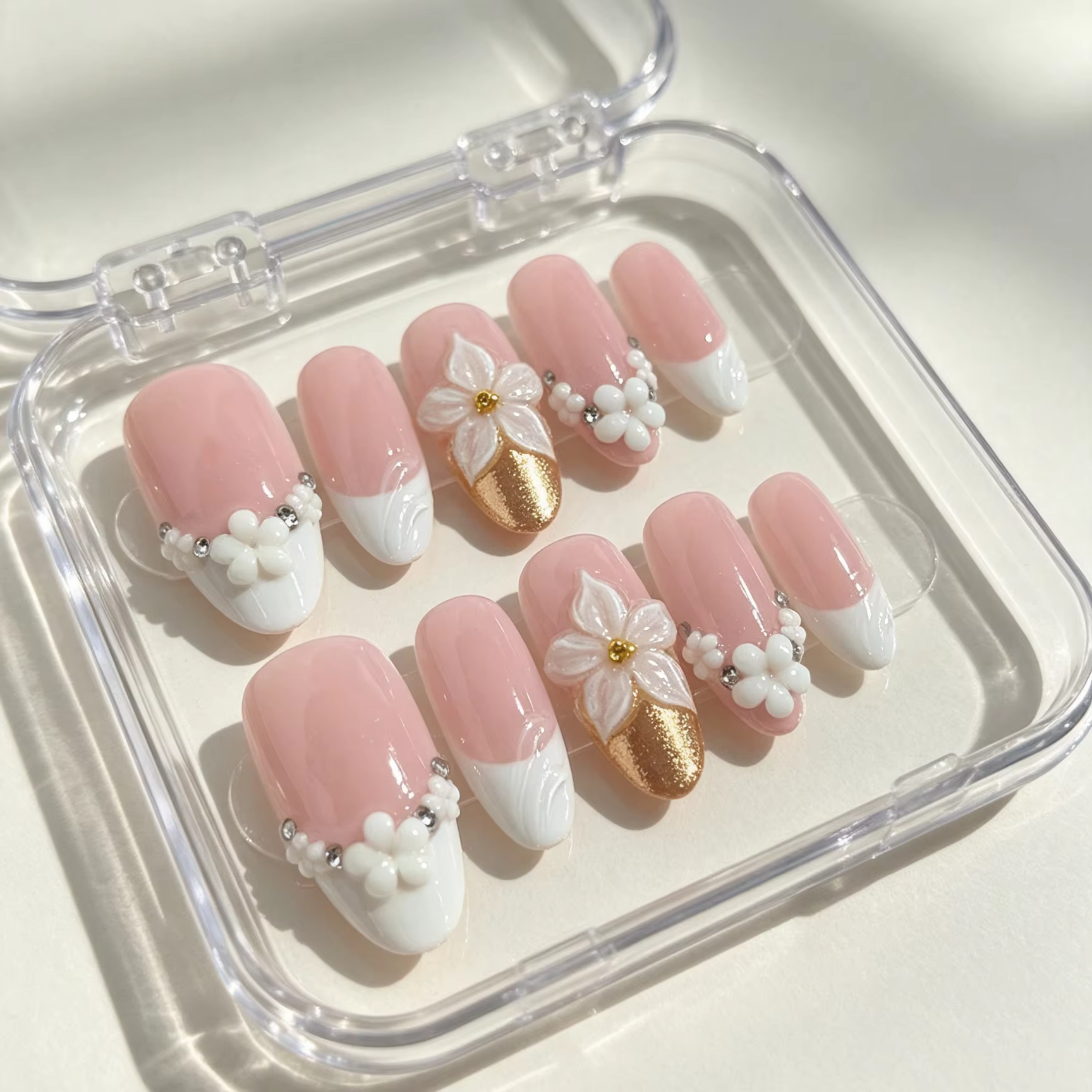 10 pièces de faux ongles en forme d'amande pressés à la main, magnifiques faux ongles, fleurs frança