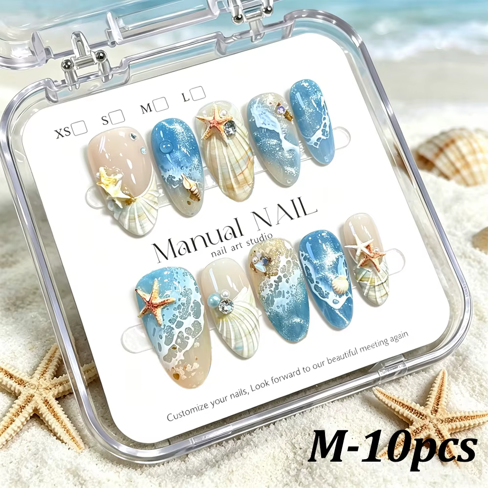 10 faux ongles à presser Ondes Océaniques, Motifs 3D Coquillages, Étoiles de mer, Conques, pour l'ét