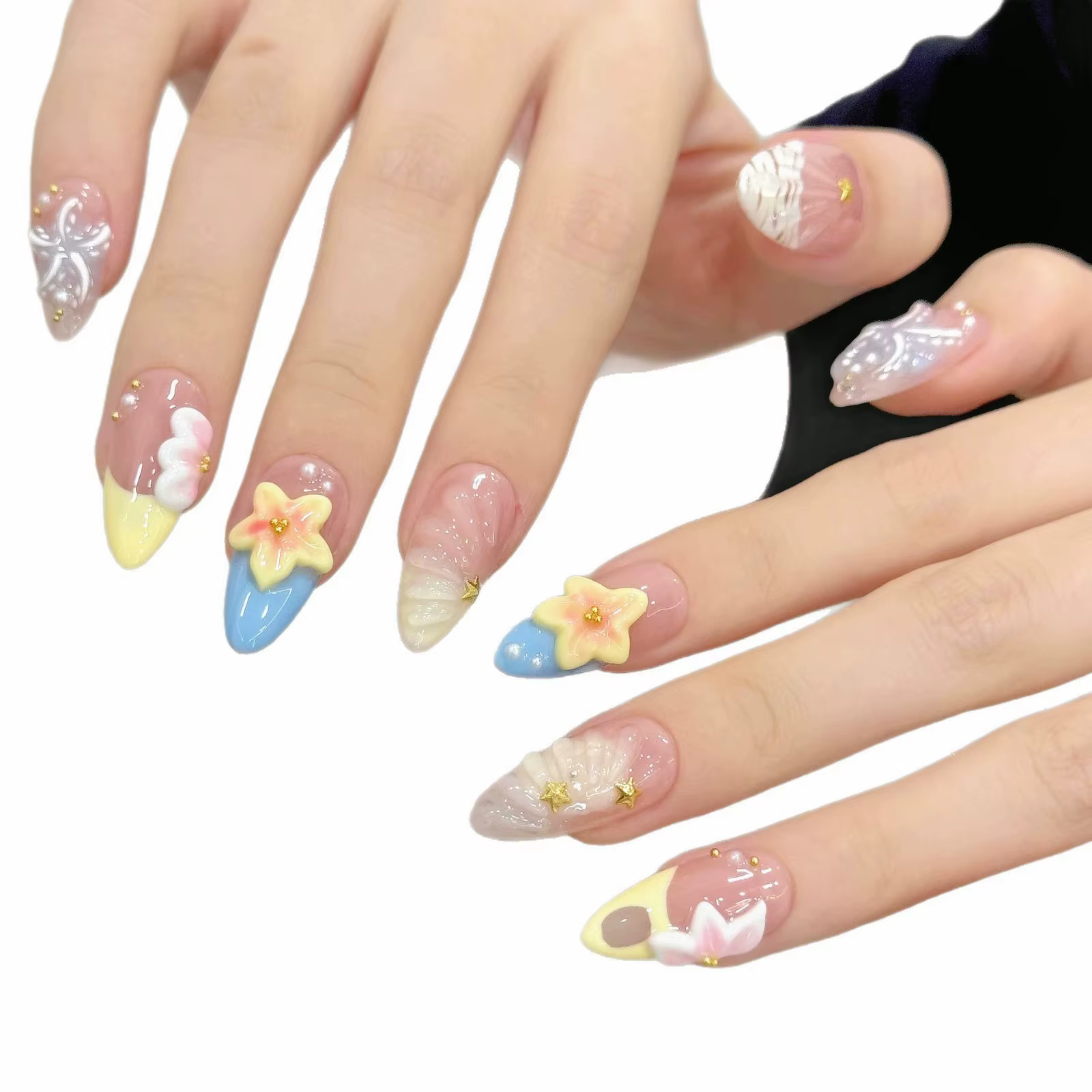 10 pièces presse à la main sur les ongles amande faux ongles 3D étoile de mer fleur décor paillettes
