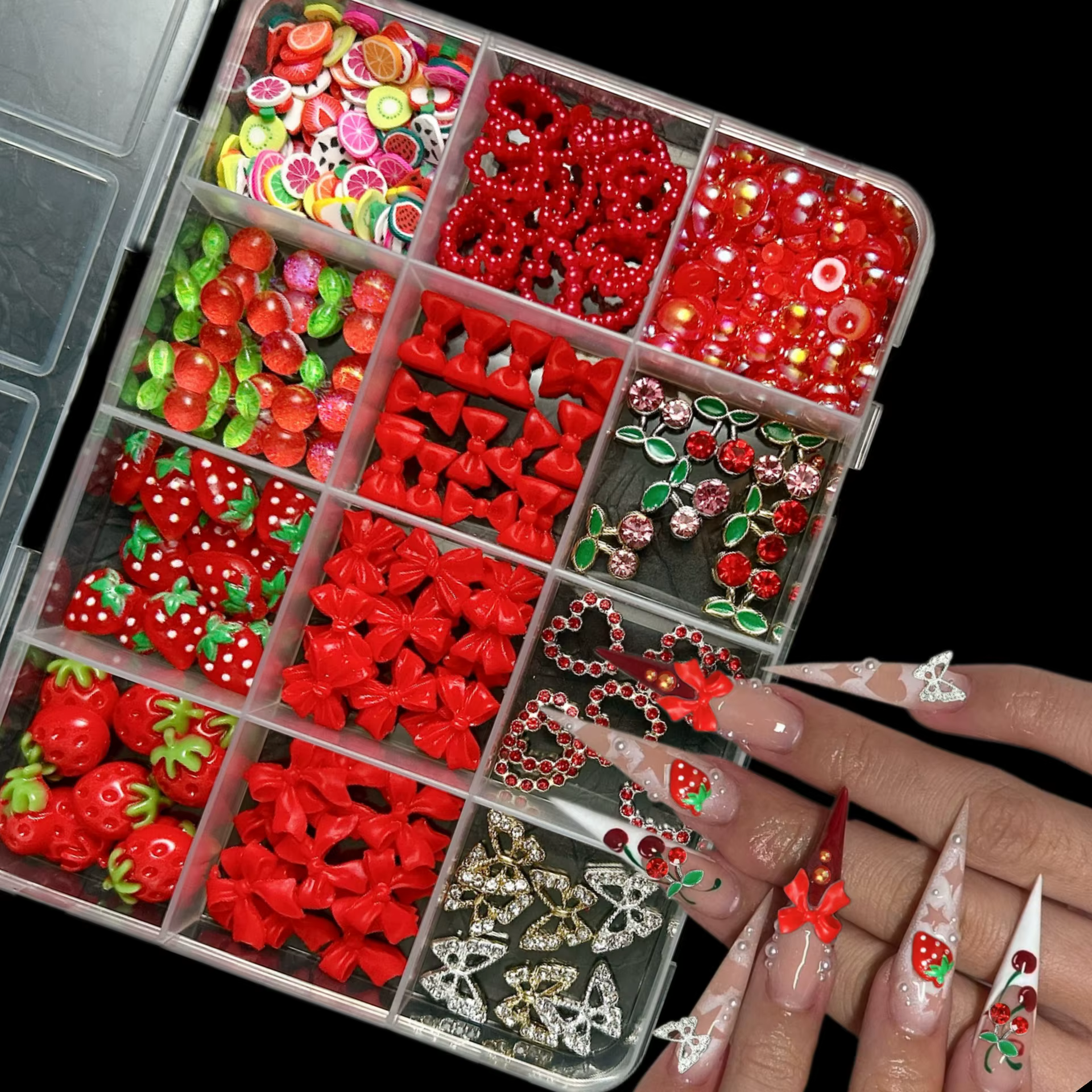 Breloques 3D cerise rouge/fraise/arc pour Nail Art, 12 grilles, alliage papillon/amour/ruban Y2K, dé