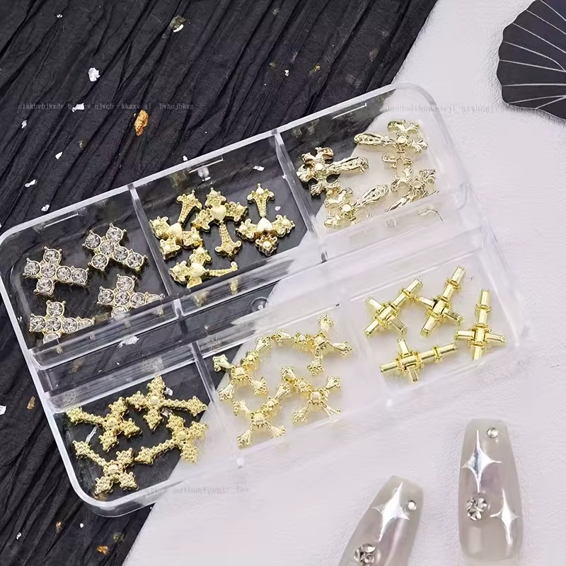 30 pièces par boîte, accessoires pour ongles en forme de croix or et argent, diamants pour ongles st