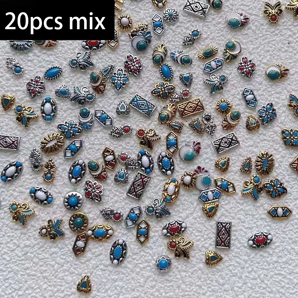 Breloques bohème pour Nail Art, 20 pièces, alliage mixte rétro, Totem Turquoise, diamants pour ongle