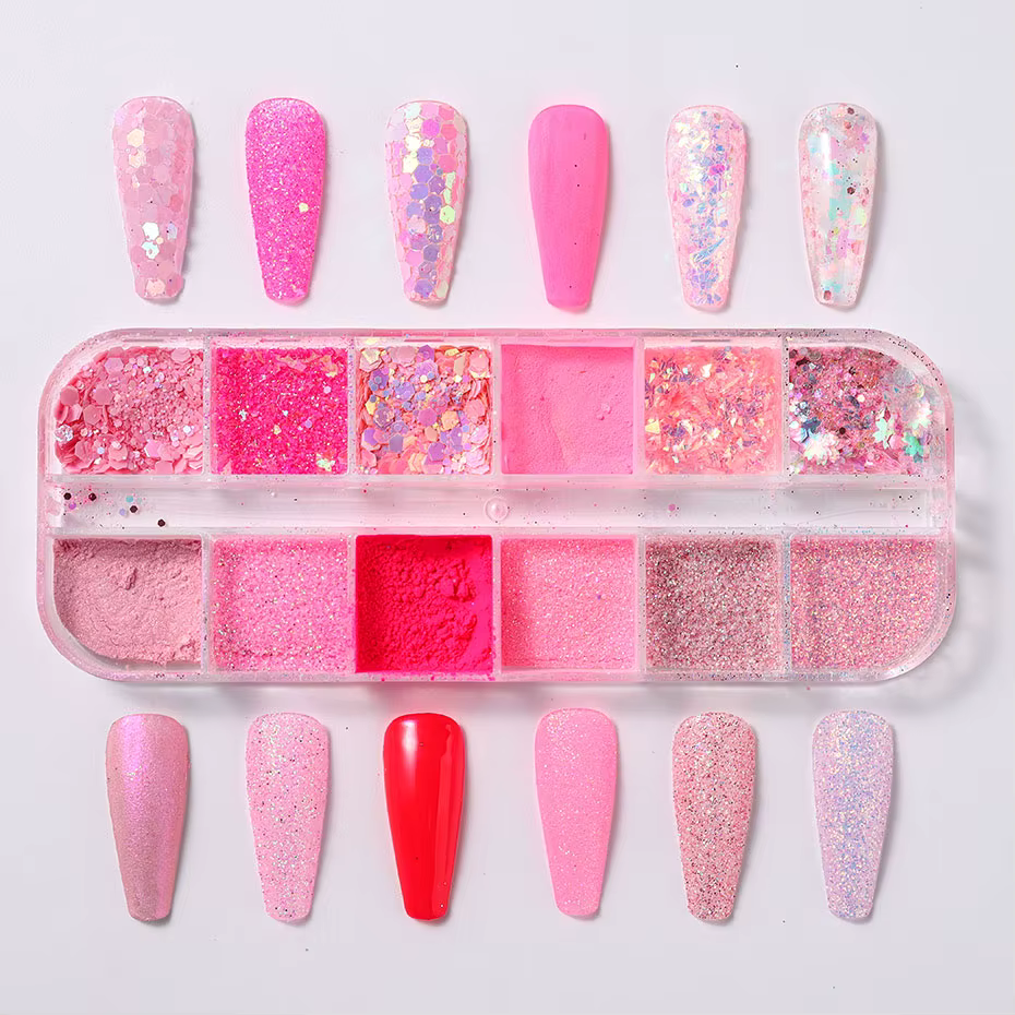 Poudre à ongles à paillettes rose, 12 grilles, mélange d'éflages holographiques hexagonaux irrégulie