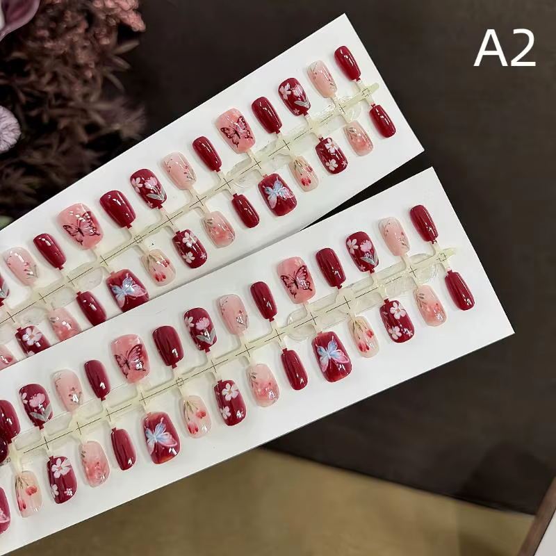 30 faux ongles rouges à bout français avec fleurs, couvrance totale, pour femmes, pose rapide DIY, f