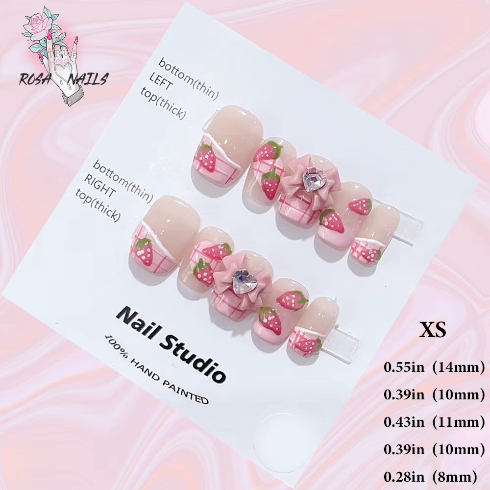 10 pièces rose à la main presse sur Nail Art avec mignon peint à la main fraise Design Presson ongle