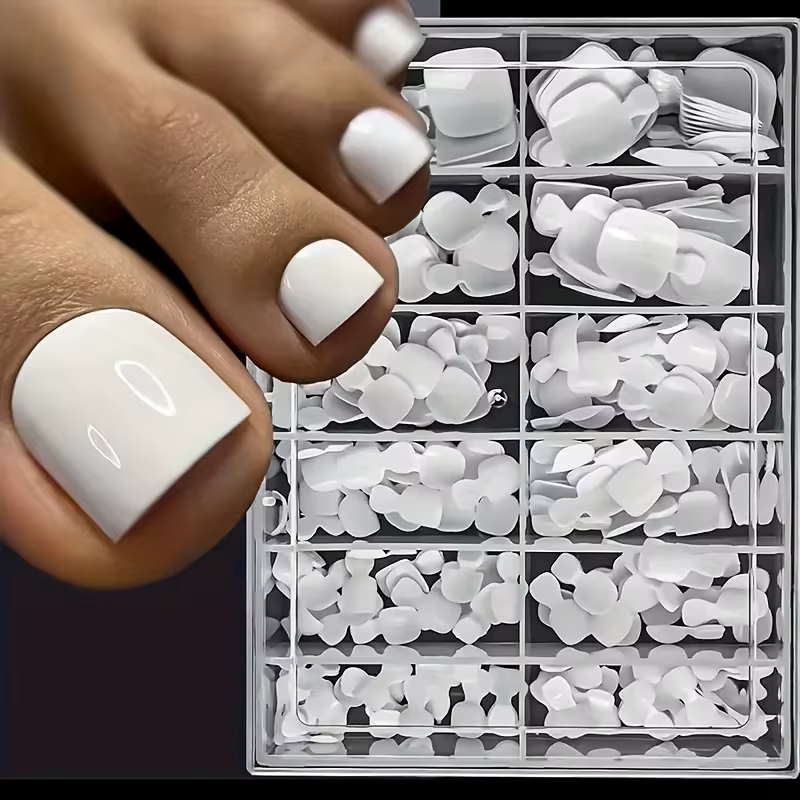 240 faux ongles de pieds compressés blancs - Couverture complète, carrés, courts, couleur unie, surf