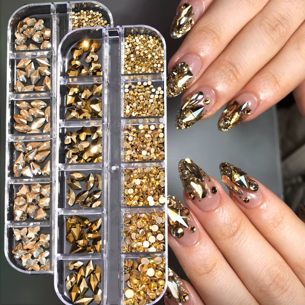 Strass diamant pour ongles or/Champagne, taille mixte 2-6mm, verre brillant à dos plat, gemmes en cr