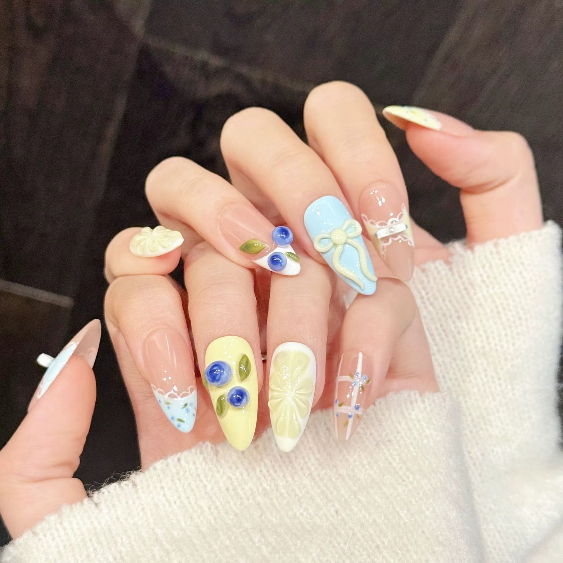 10 pièces Style coréen faux ongles faits à la main 3D citron myrtille nœuds papillon conceptions pre