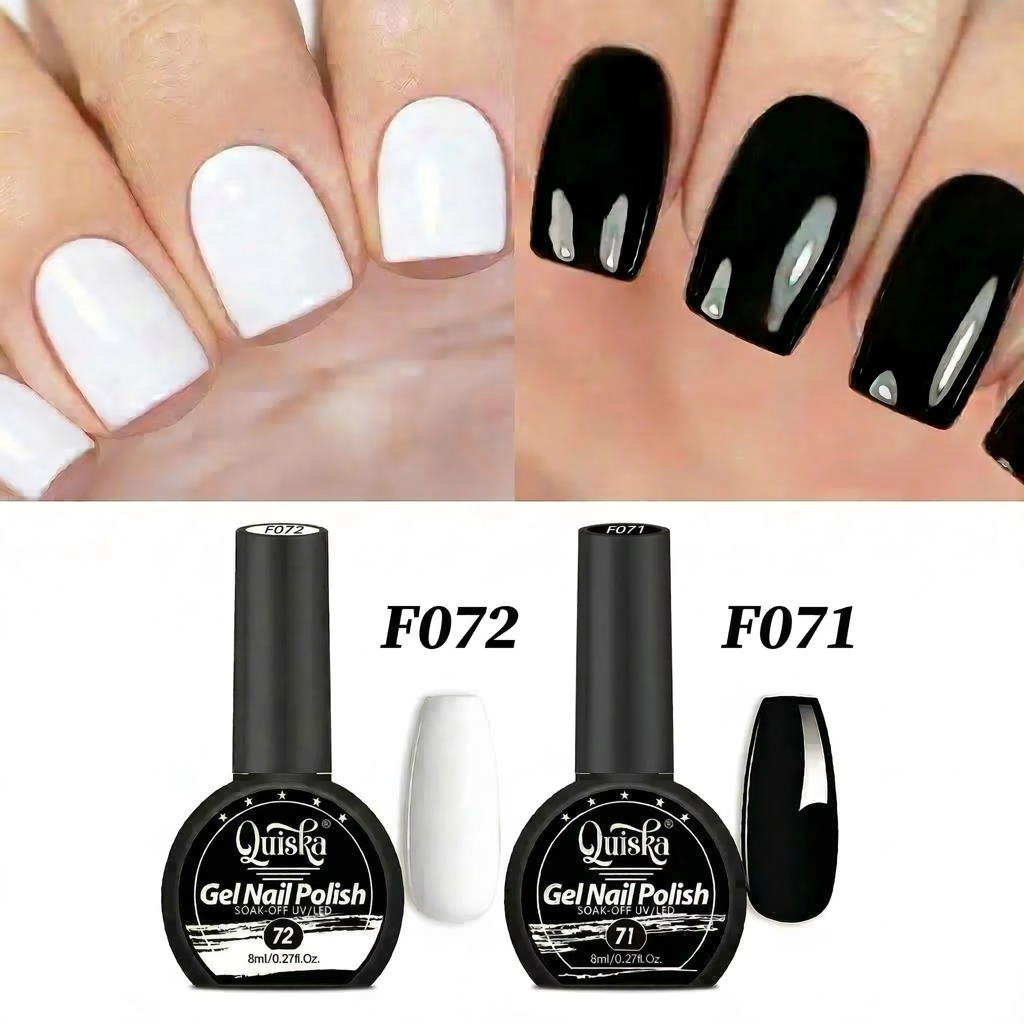 Quiska Lot de 2 vernis à ongles gel noir et blanc 8 ml semi-permanents à retirer par trempage UV LED