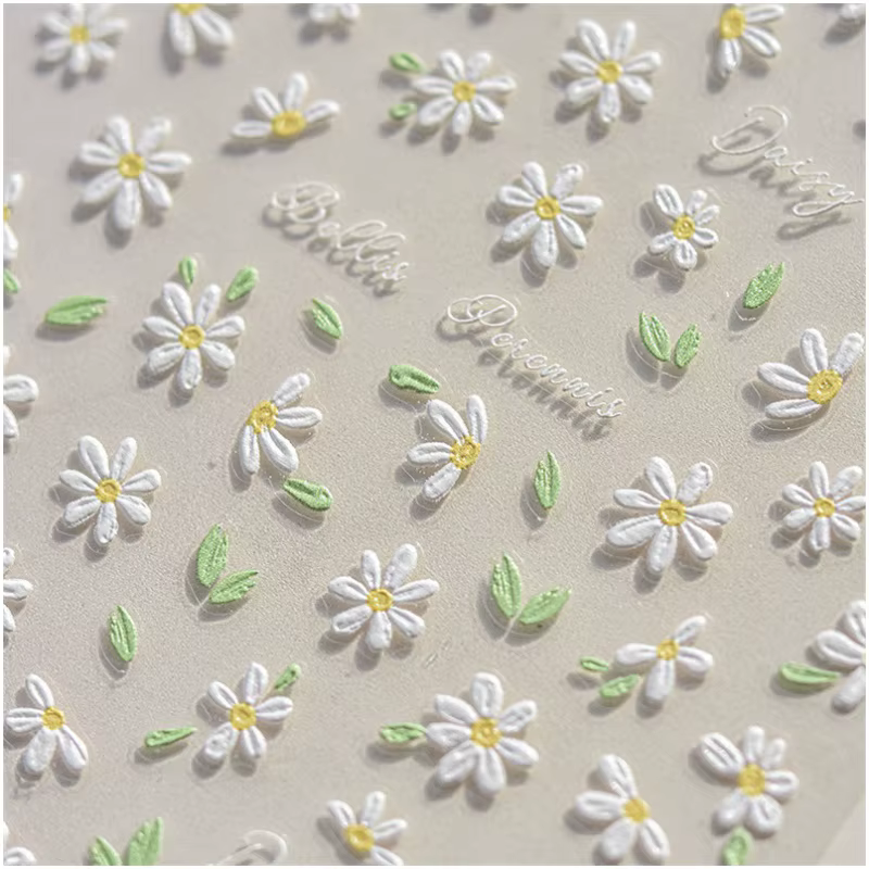 Autocollants pour ongles en relief doux 5D, 1 feuille, marguerites mignonnes, autocollants coulissan