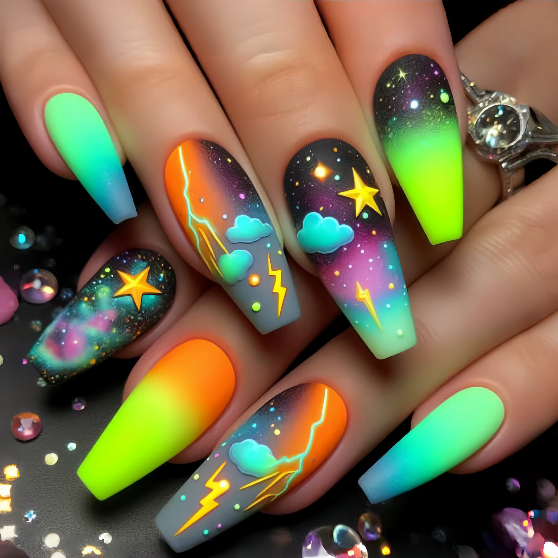 Faux ongles carrés longs moyens pour femmes, 24 pièces/ensemble, nickel é ciel étoilé, noir, bleu, v
