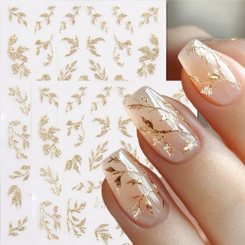 Autocollants 3D pour nail art, feuilles dorées scintillantes, design brillant, décorations auto-adhé