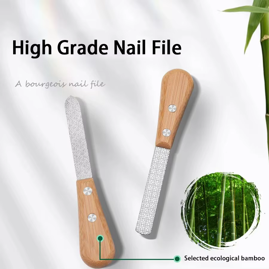 Lime à ongles Double face en acier inoxydable, avec poignée en bambou, outil de polissage des ongles