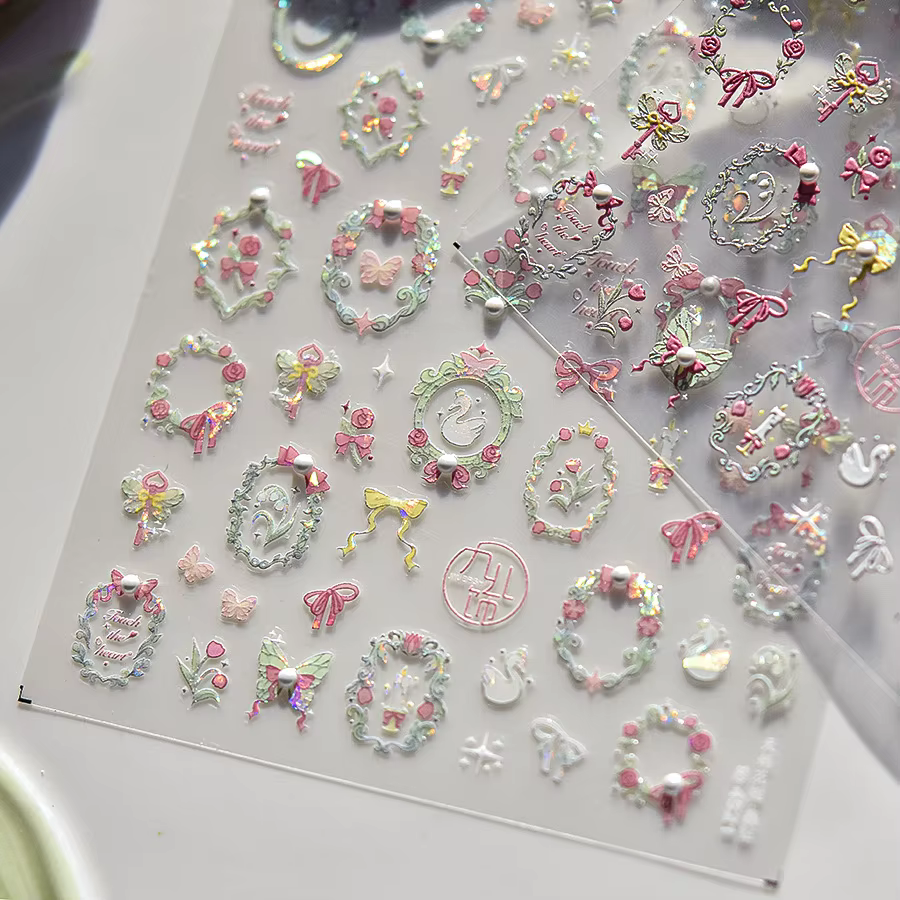 Autocollants pour ongles en cristal et diamant, mélange de fleurs de cygne rose, cadre papillon, aut