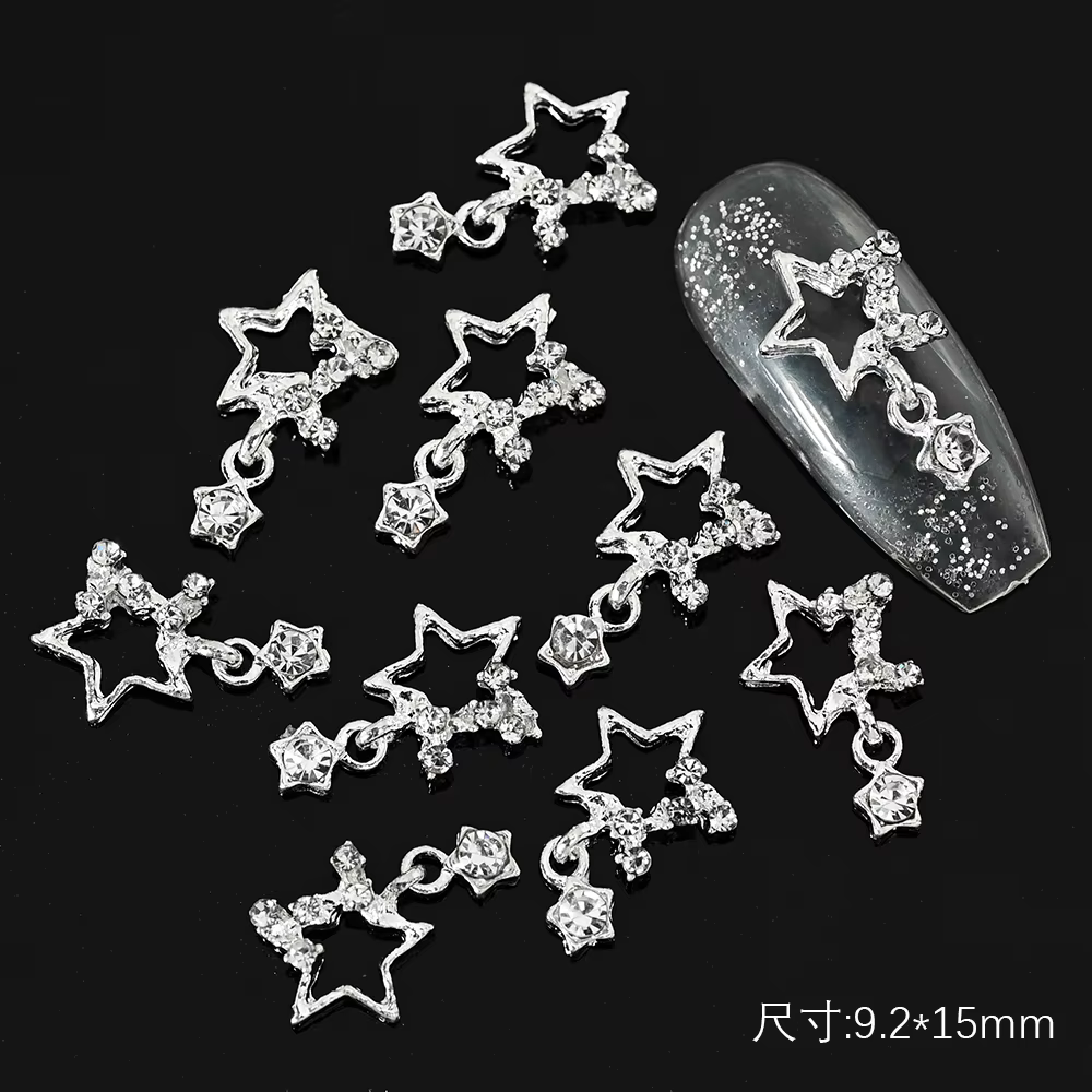 10 pièces 3D argent pentagramme étoile Nail Art alliage strass luxe métal étoile breloques ongles bi