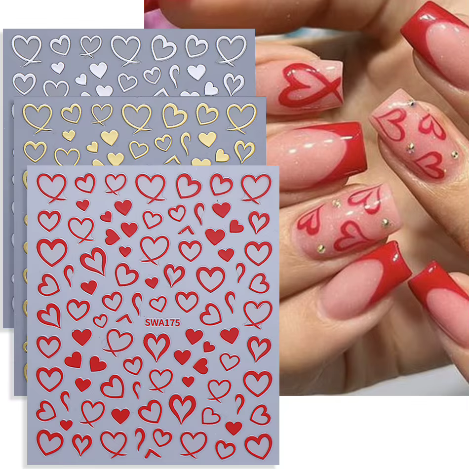 Autocollants pour ongles en forme de cœur d'amour bronzant, 3 pièces, ligne rouge or argent, décalco
