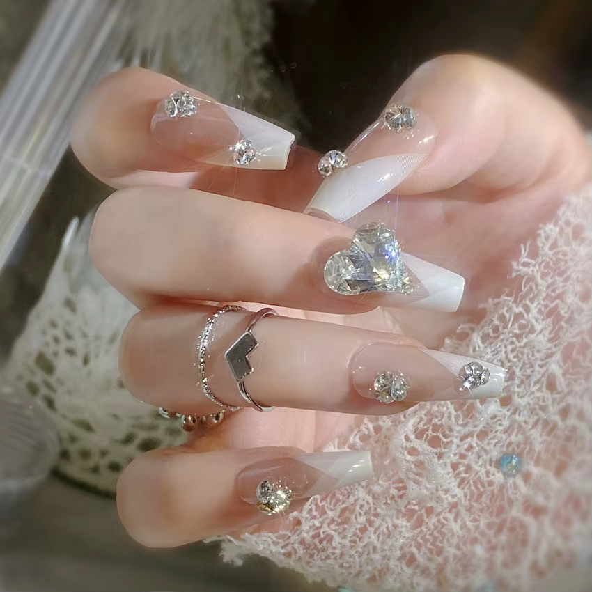 24 pièces faux ongles mi-longs 3D fleur perle conçoit couleur rose chair presse sur ongles ballerine