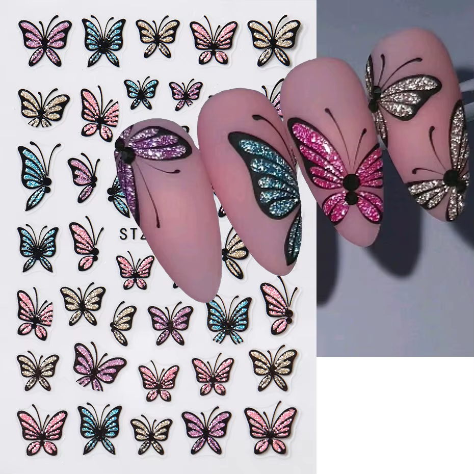 Autocollants pour ongles papillon à paillettes, décalcomanies, breloque 3D, Design bleu brillant ros
