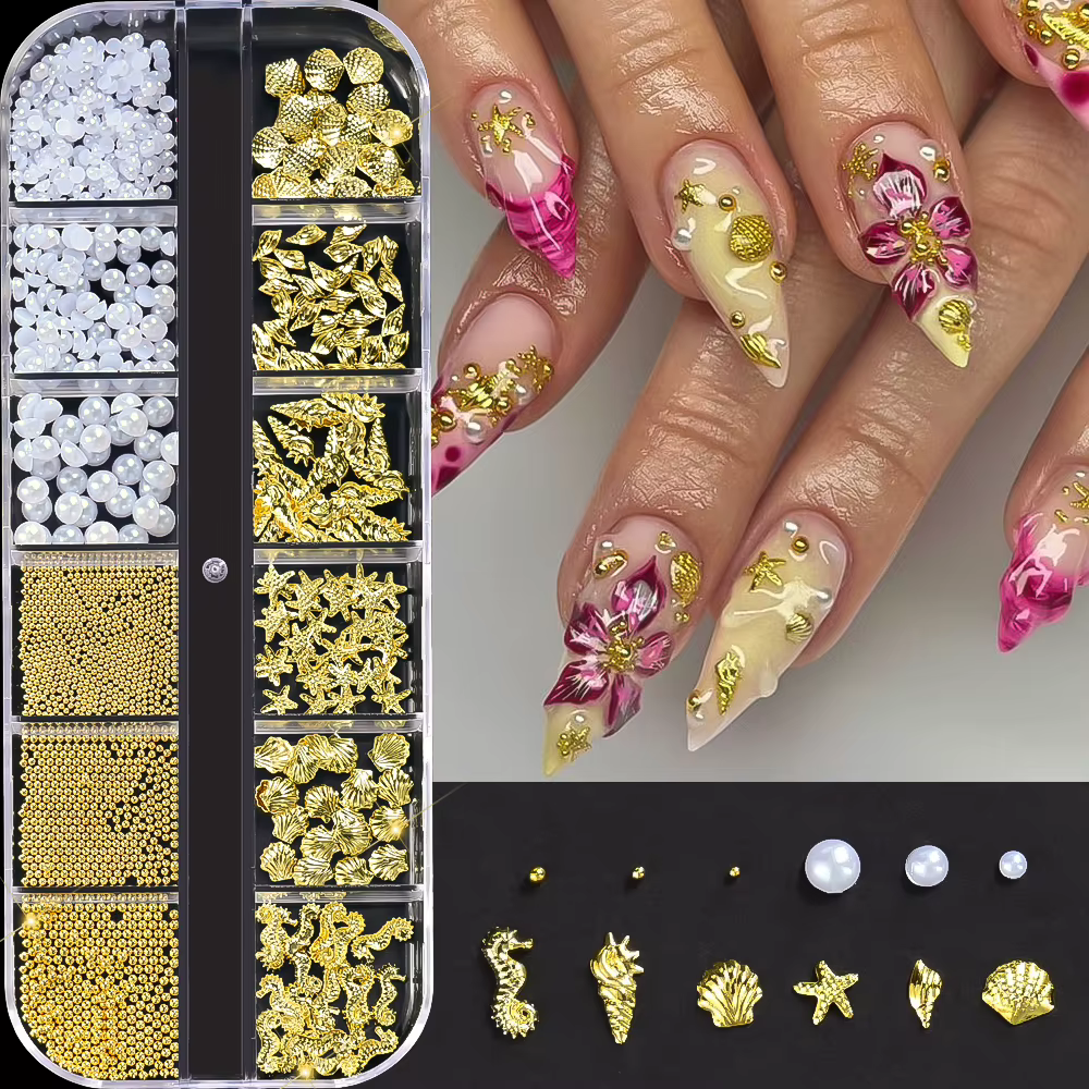 12 compartiments de breloques 3D en alliage pour nail art, thème marin, assortiment de coquillages,