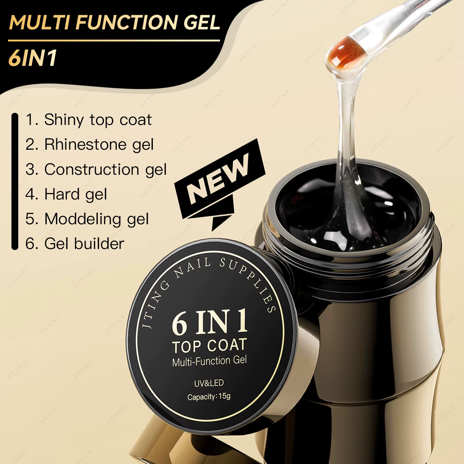 JTING 1/3/5/10 pièces 15ml Gel Multifonction 6-en-1 Brillant, Couche de Finition Dure, Gel de Constr