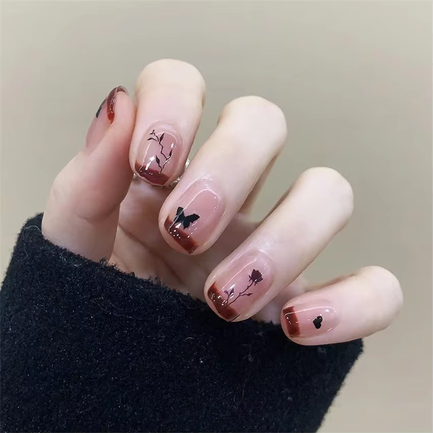 Faux ongles Vintage de noël faits à la main, couverture complète adhésive artificielle à pression, p