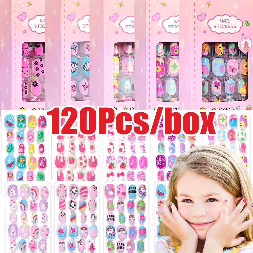 120 pièces/boîte dessin animé fille faux ongles conseils 5-12 ans mignon princesse chat/lapin/licorn