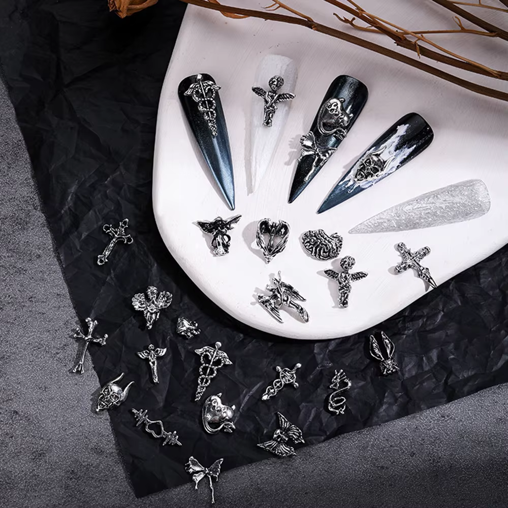 Mélange de styles pour Nail Art d'halloween, breloque croix argentée rétro 3D, décoration d'ongles p