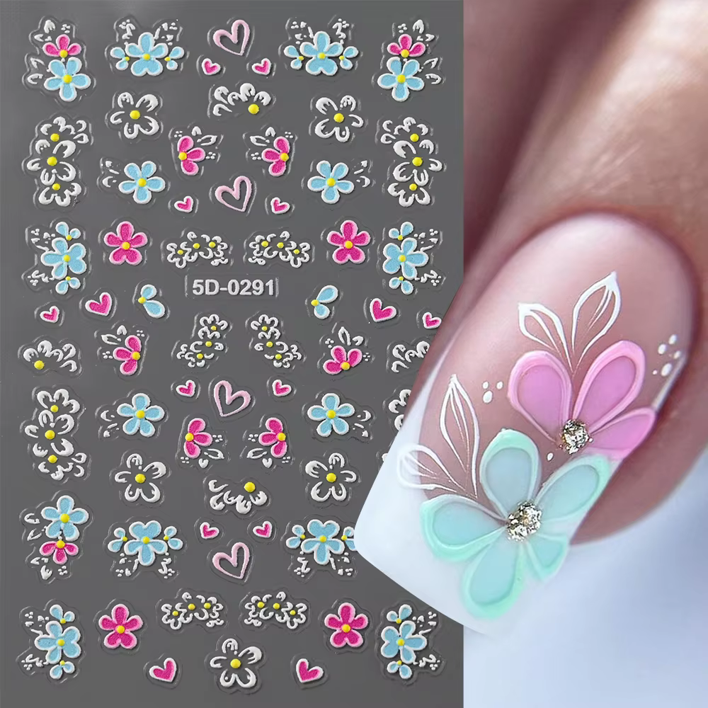 Autocollants 5D pour ongles, motifs floraux roses et bleus, pétales, feuilles, plantes en relief, dé