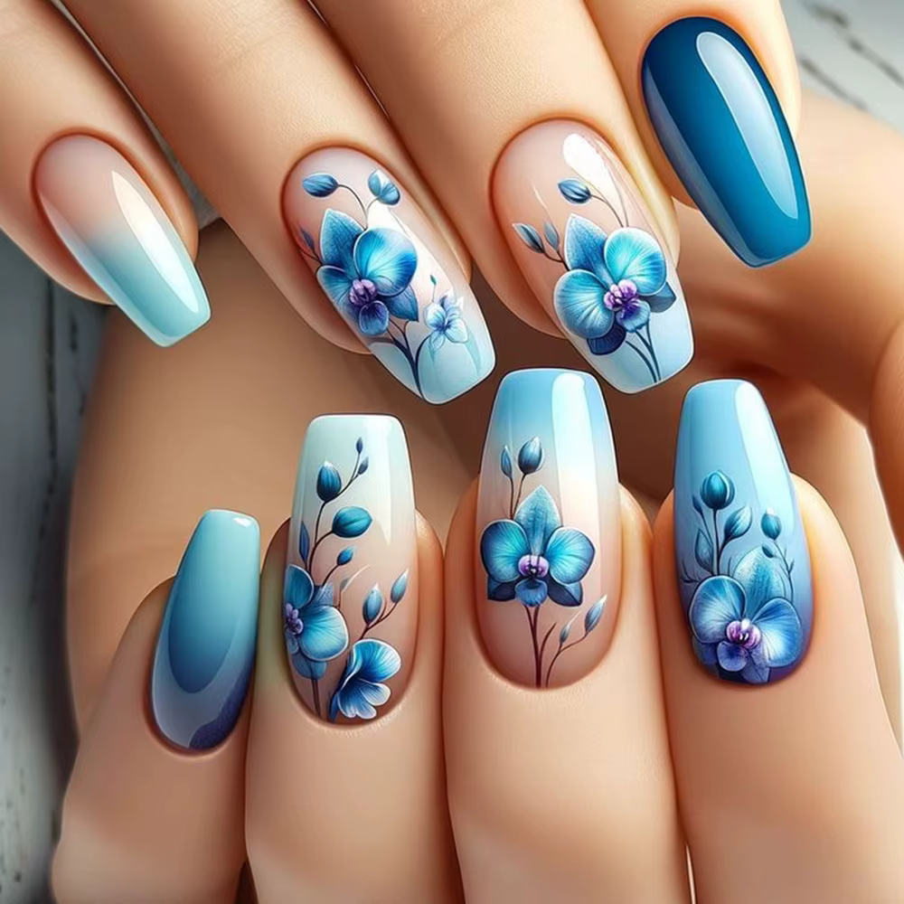 Faux ongles courts noirs solides, 24 pièces, avec motif de Rose, ballerine carrée artificielle, couv