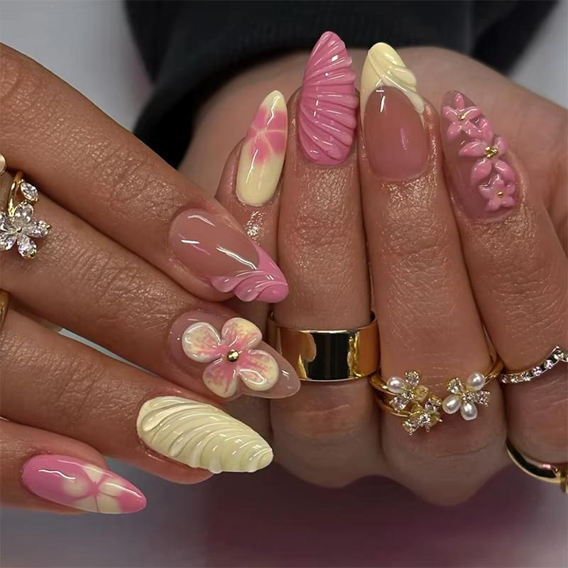 24 pièces amande faux ongles conseils été plage ongles colorés ensembles avec perle fleur conception