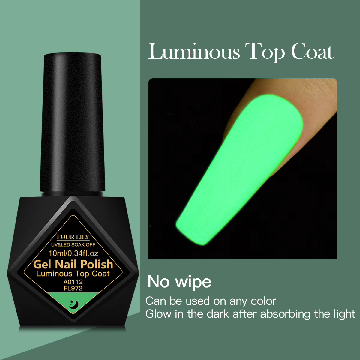 FOUR LILY 10ml Top Coat Lumineux Sans Résidu Gel Vert Phosphorescent Vernis à Ongles DIY Salon à Dom